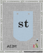 A taped needlepoint canvas with the design: Banner 13 mesh count Curved st Black on Light Blue.