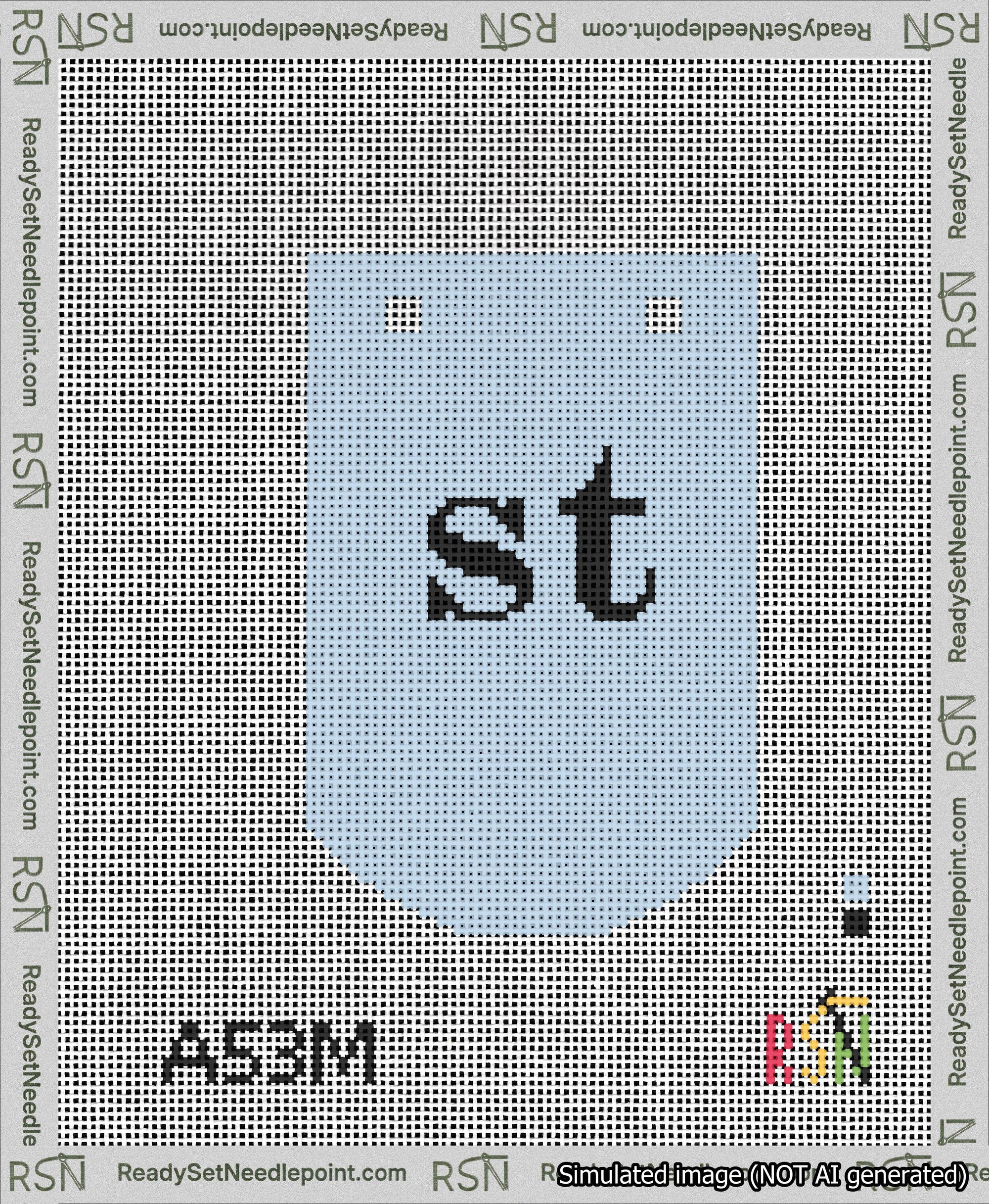 A taped needlepoint canvas with the design: Banner 13 mesh count Curved st Black on Light Blue.