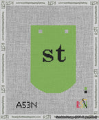 A taped needlepoint canvas with the design: Banner 13 mesh count Curved st Black on Light Green.