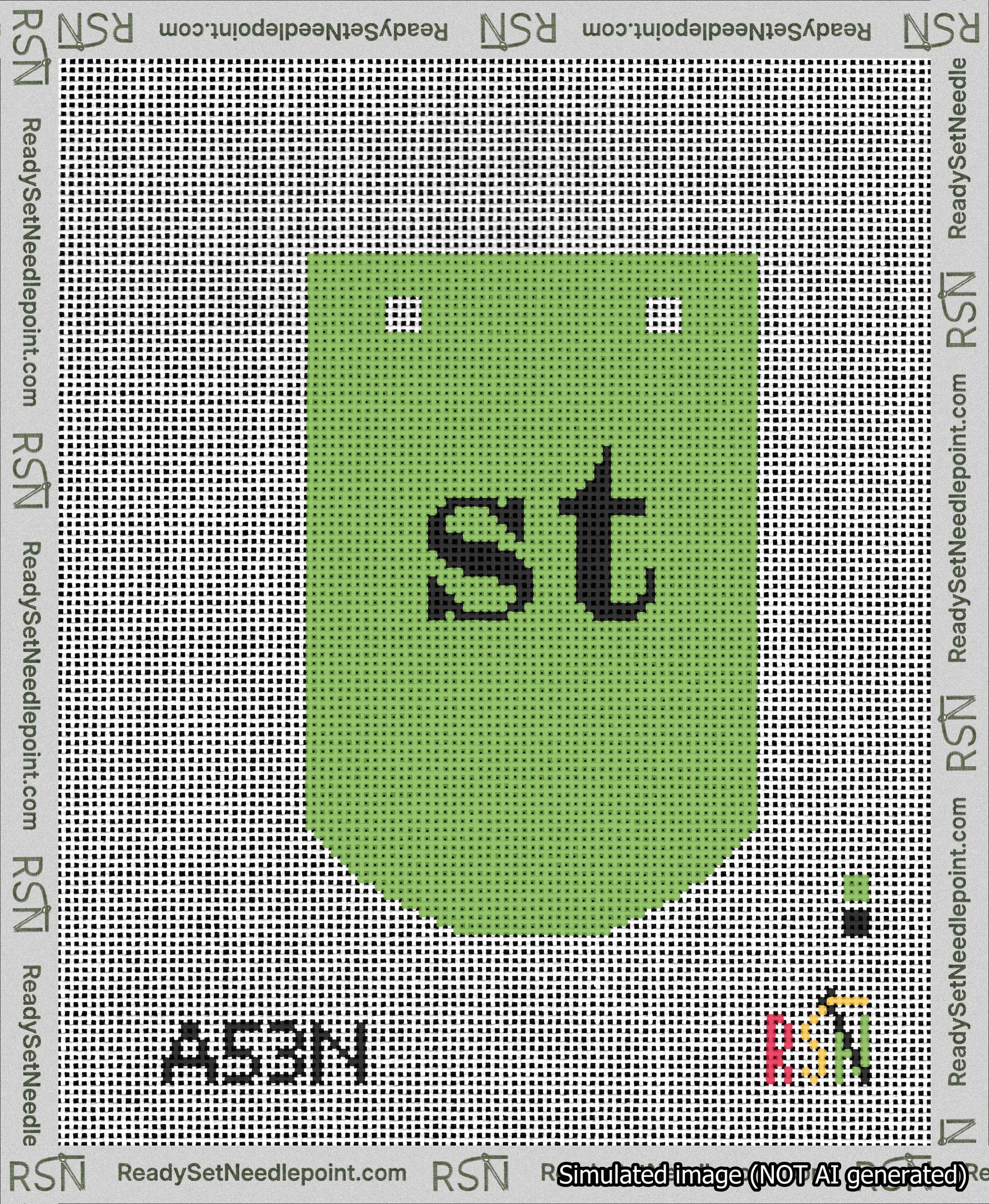 A taped needlepoint canvas with the design: Banner 13 mesh count Curved st Black on Light Green.