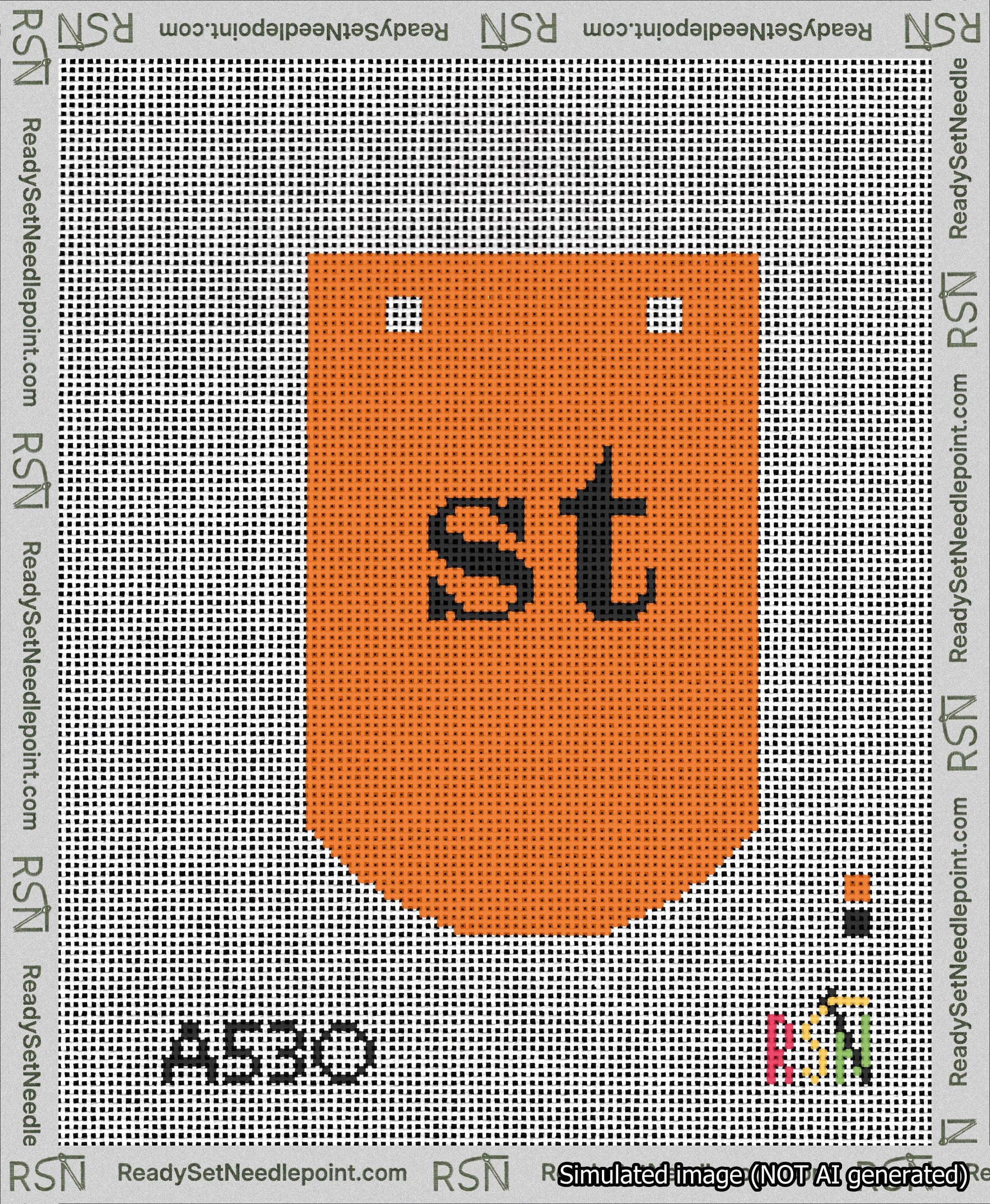A taped needlepoint canvas with the design: Banner 13 mesh count Curved st Black on Orange.
