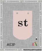 A taped needlepoint canvas with the design: Banner 13 mesh count Curved st Black on Pink.