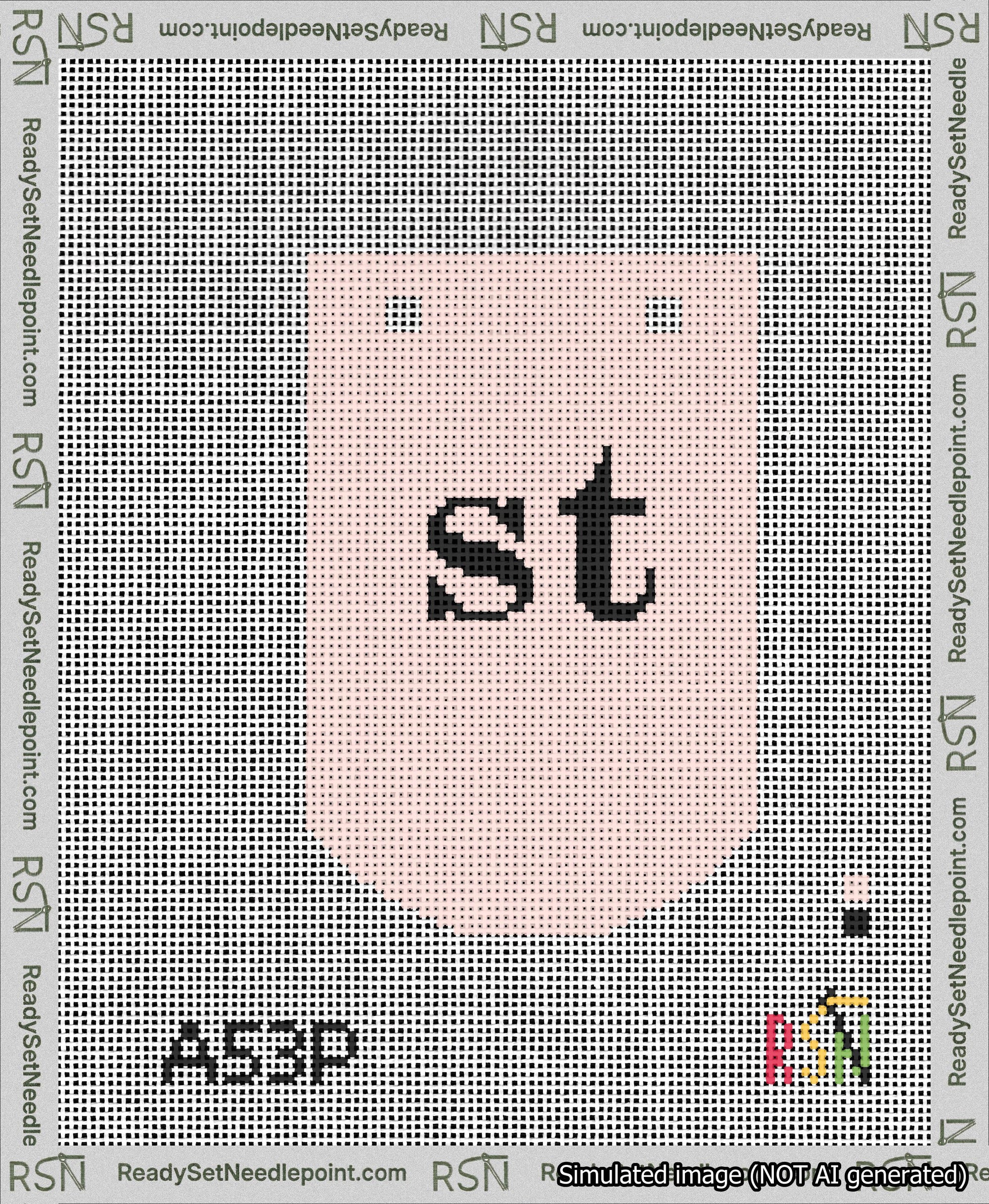A taped needlepoint canvas with the design: Banner 13 mesh count Curved st Black on Pink.