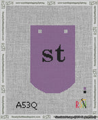 A taped needlepoint canvas with the design: Banner 13 mesh count Curved st Black on Purple.