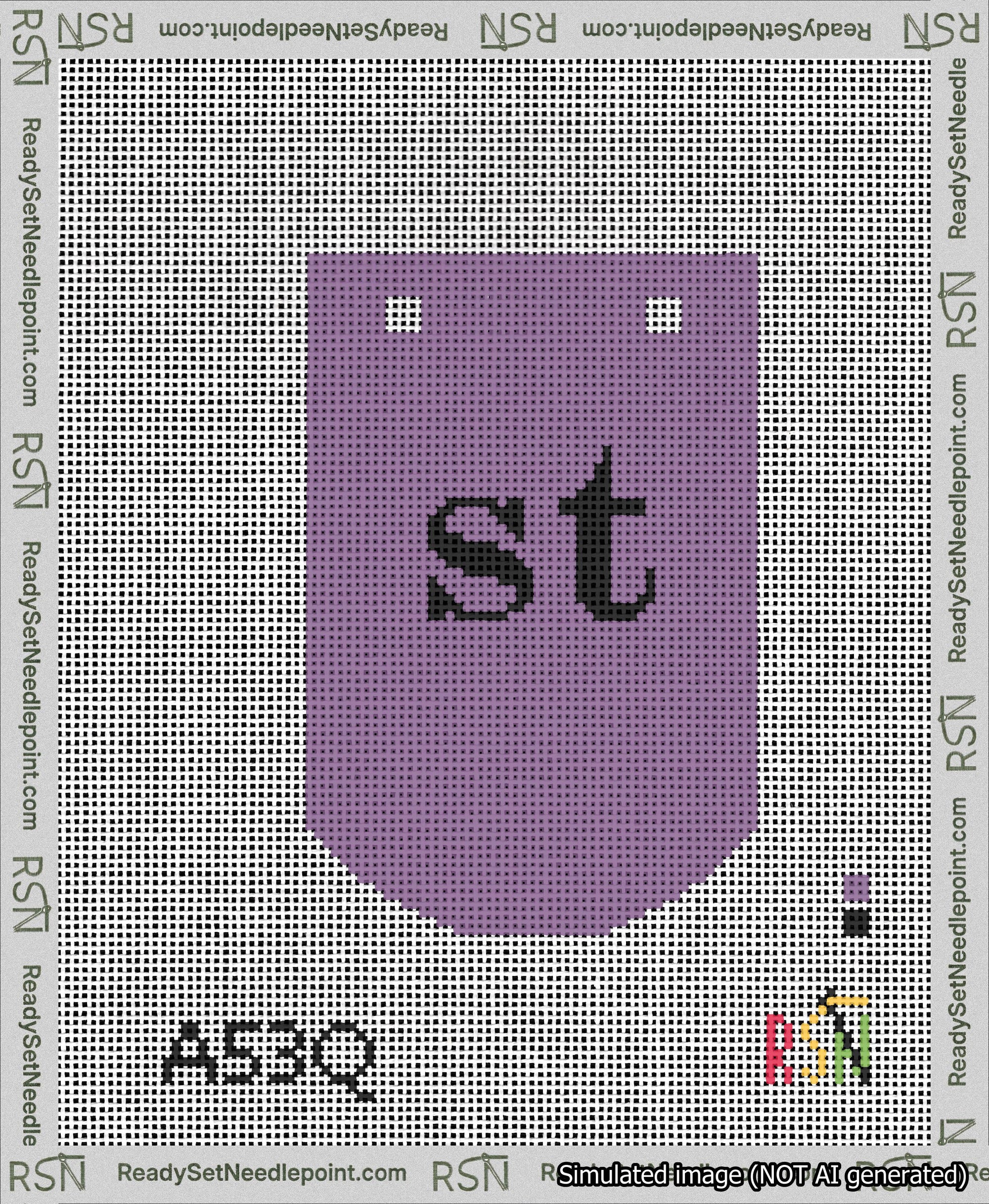 A taped needlepoint canvas with the design: Banner 13 mesh count Curved st Black on Purple.