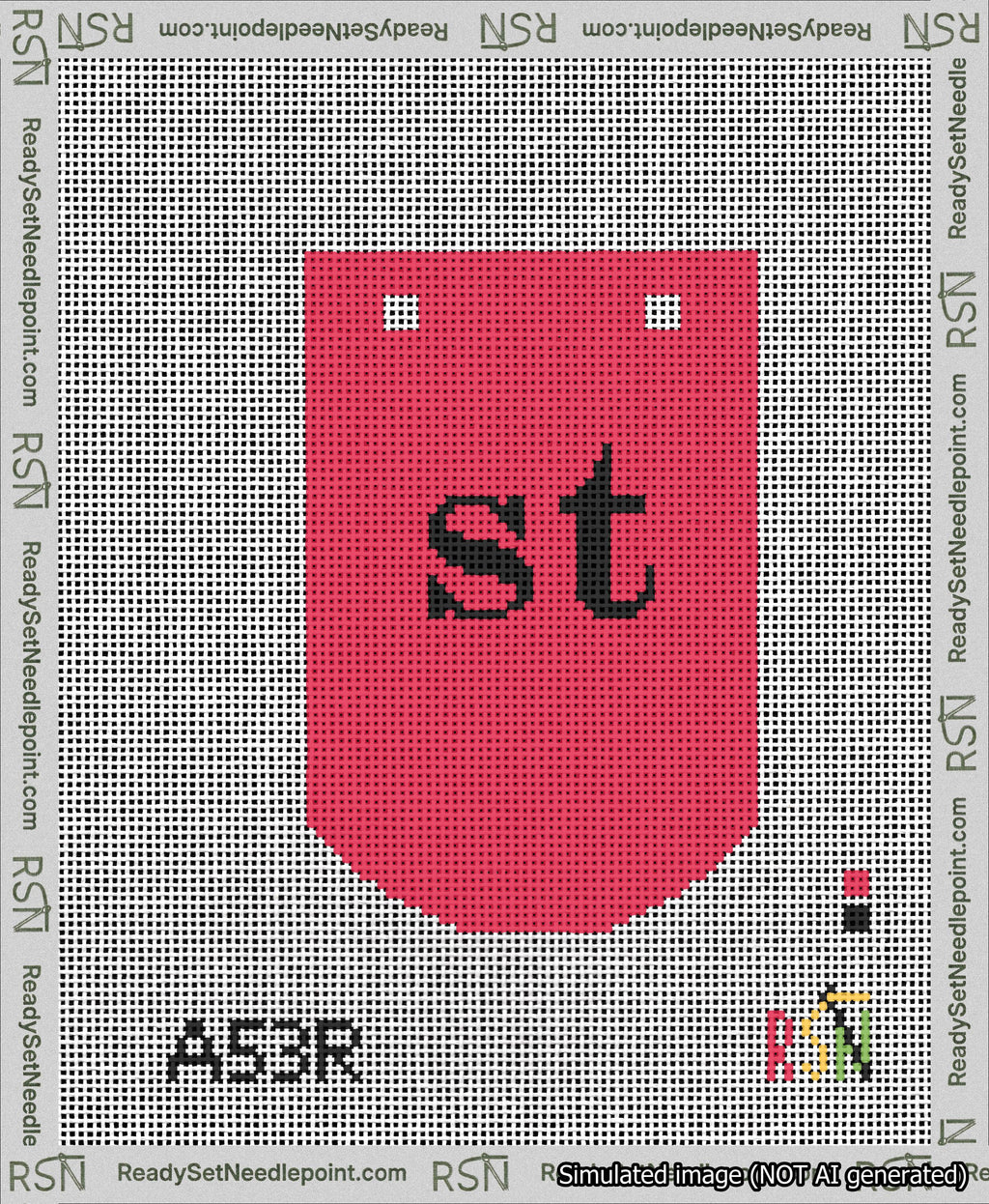 A taped needlepoint canvas with the design: Banner 13 mesh count Curved st Black on Red.