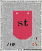 A taped needlepoint canvas with the design: Banner 13 mesh count Curved st Black on Red.