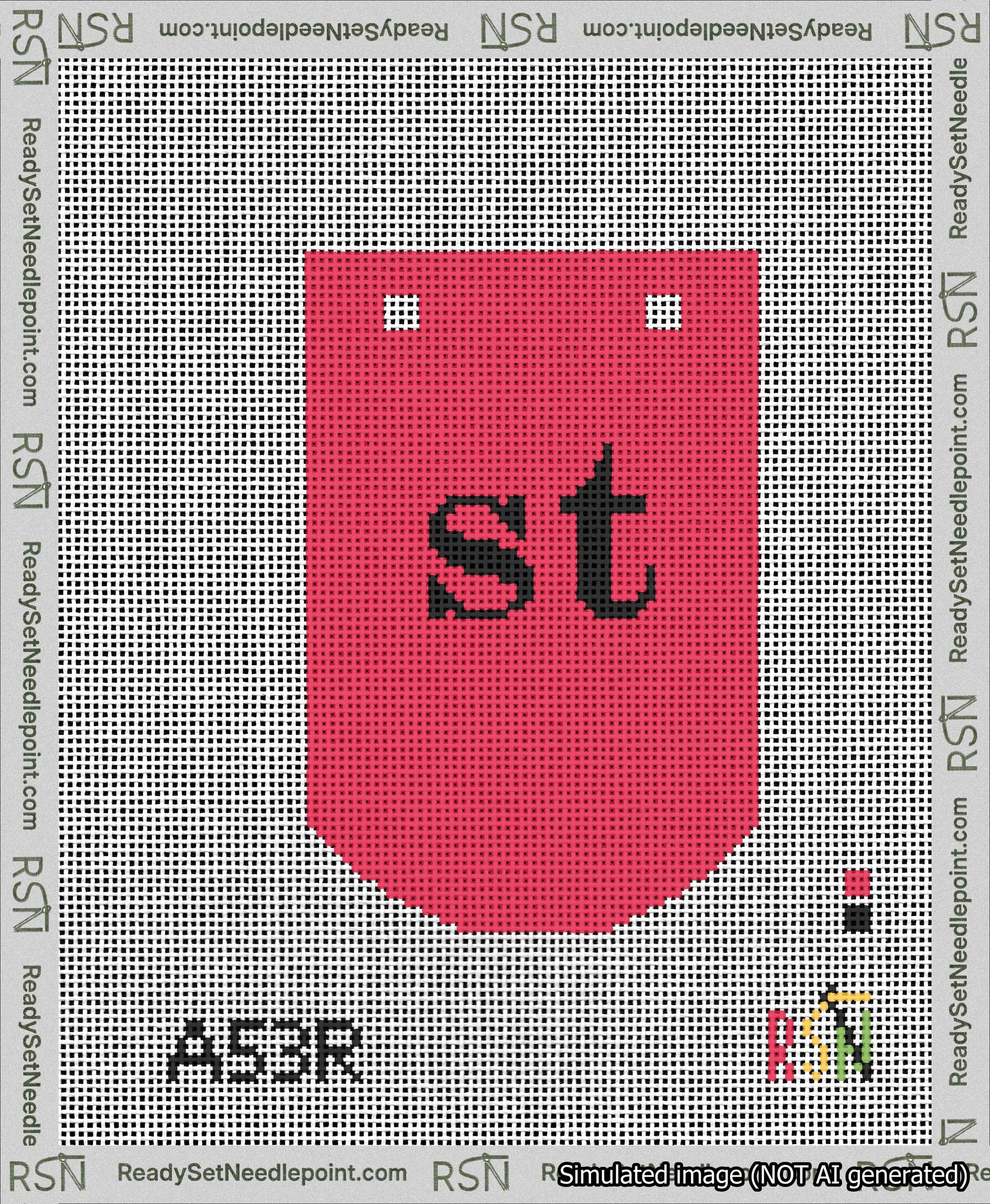 A taped needlepoint canvas with the design: Banner 13 mesh count Curved st Black on Red.