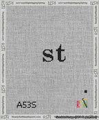 A taped needlepoint canvas with the design: Banner 13 mesh count Curved st Black on White.