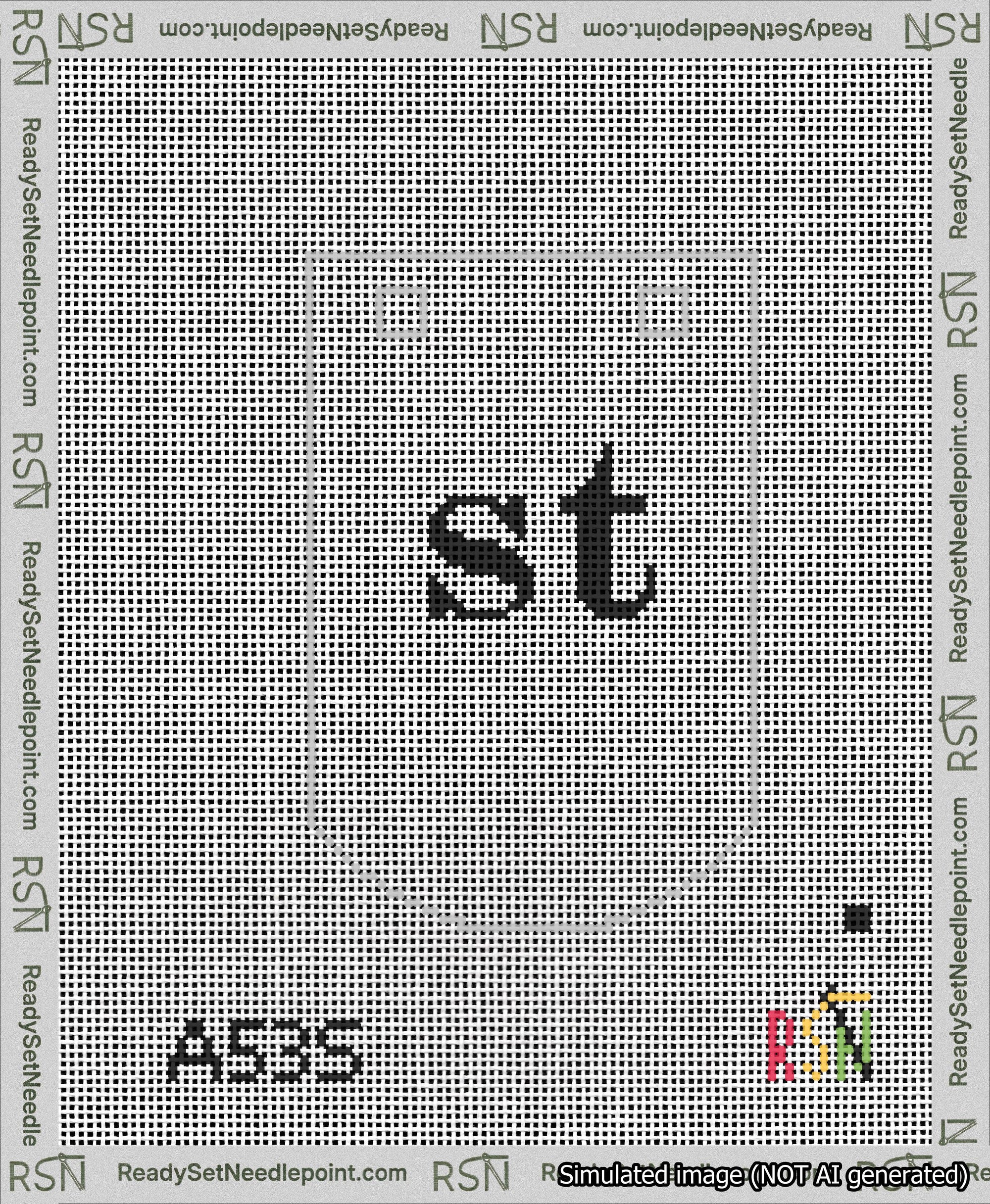 A taped needlepoint canvas with the design: Banner 13 mesh count Curved st Black on White.