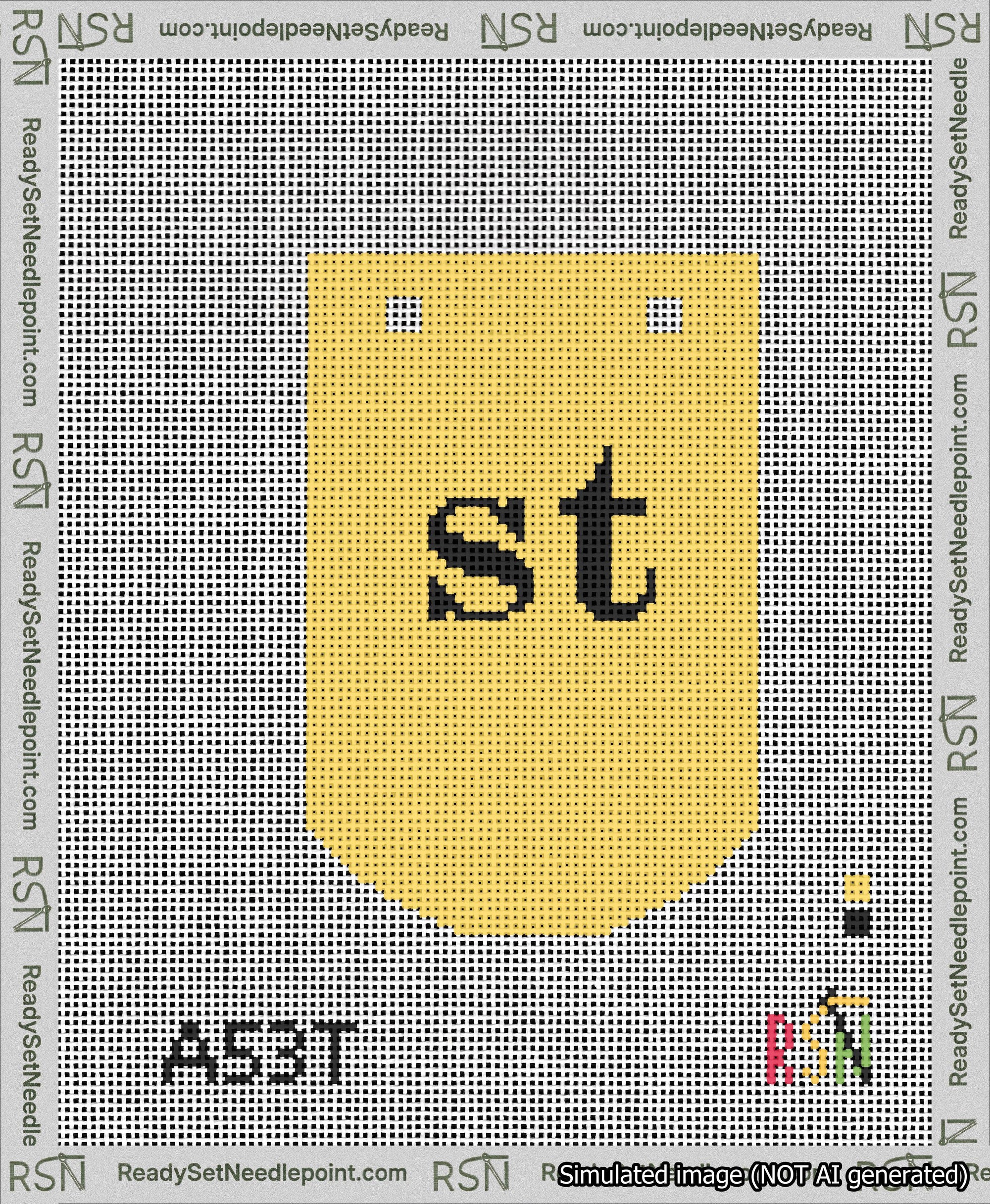 A taped needlepoint canvas with the design: Banner 13 mesh count Curved st Black on Yellow.