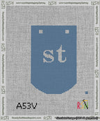 A taped needlepoint canvas with the design: Banner 13 mesh count Curved st White on Blue.
