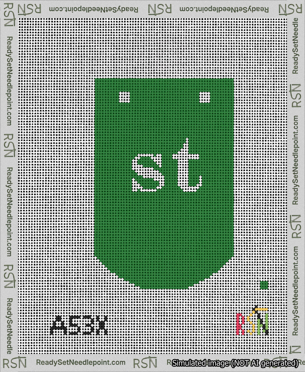 A taped needlepoint canvas with the design: Banner 13 mesh count Curved st White on Green.