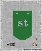 A taped needlepoint canvas with the design: Banner 13 mesh count Curved st White on Green.