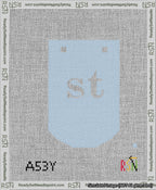 A taped needlepoint canvas with the design: Banner 13 mesh count Curved st White on Light Blue.
