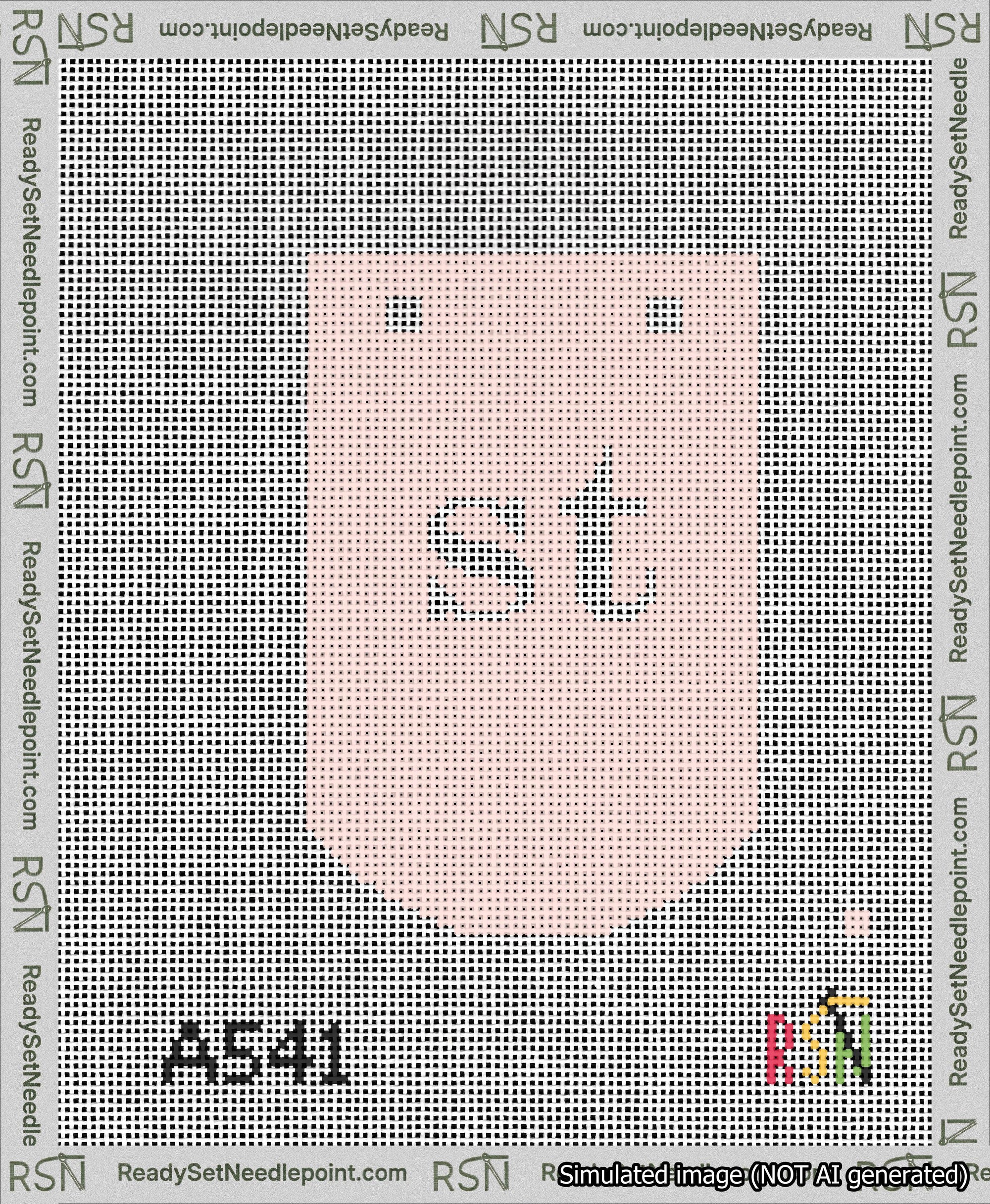 A taped needlepoint canvas with the design: Banner 13 mesh count Curved st White on Pink.