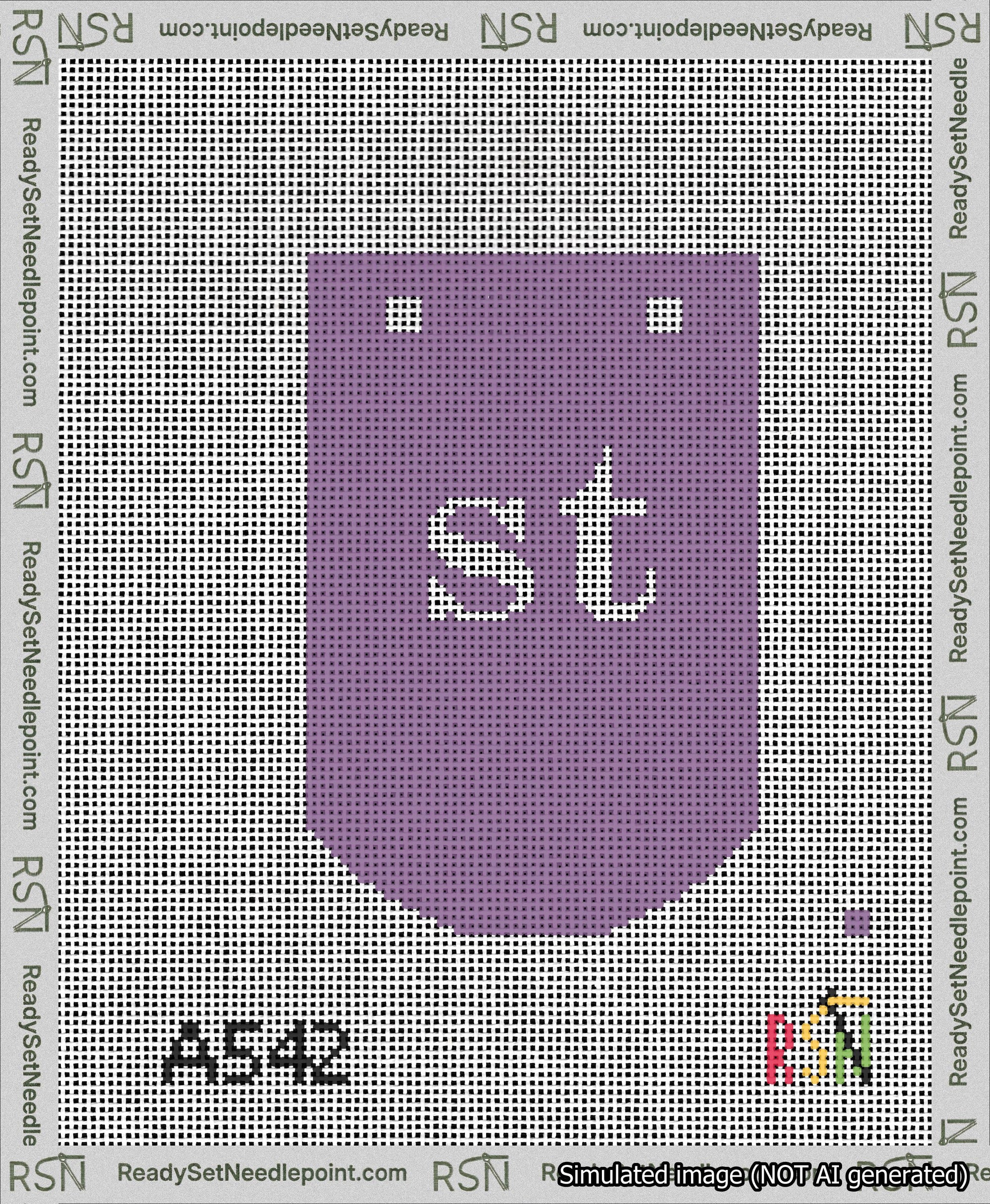 A taped needlepoint canvas with the design: Banner 13 mesh count Curved st White on Purple.
