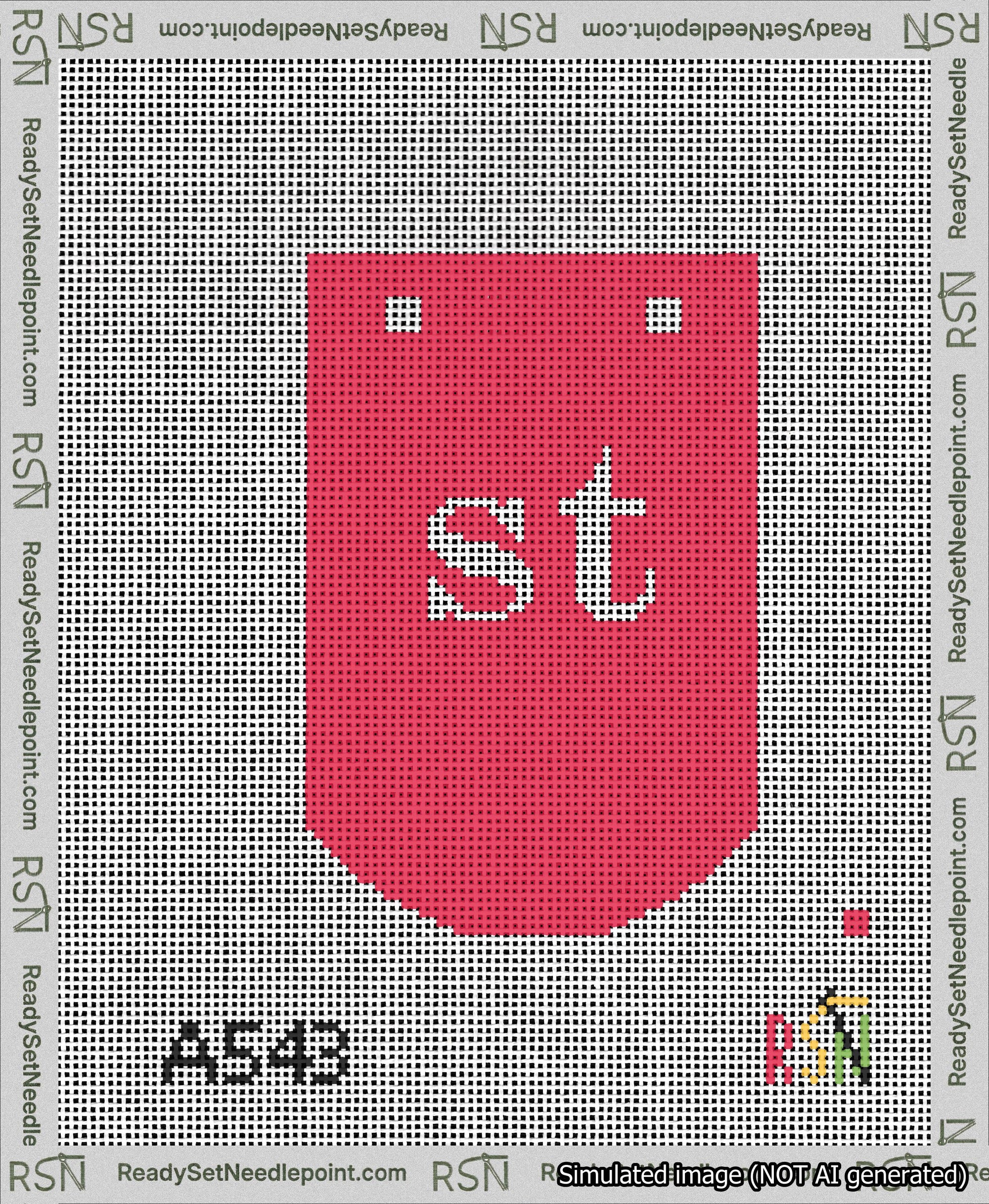 A taped needlepoint canvas with the design: Banner 13 mesh count Curved st White on Red.
