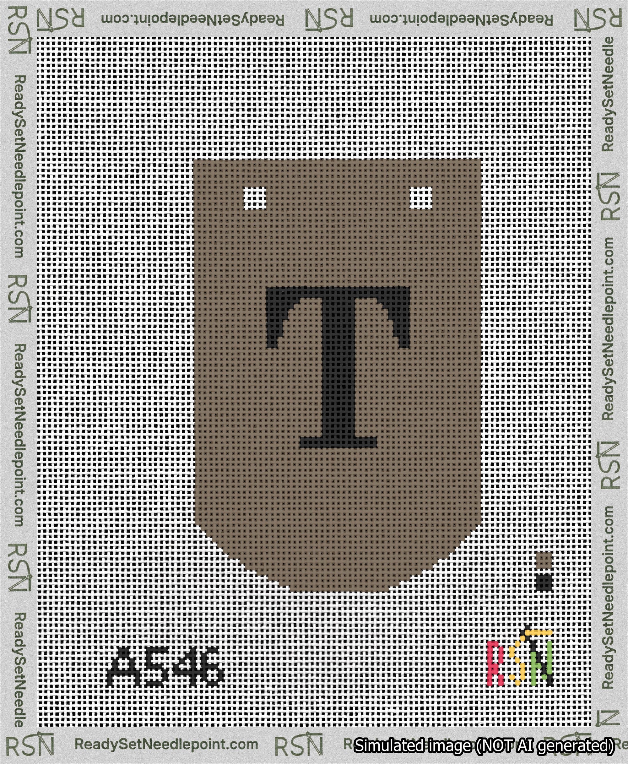 A taped needlepoint canvas with the design: Banner 13 mesh count Curved T Black on Brown.
