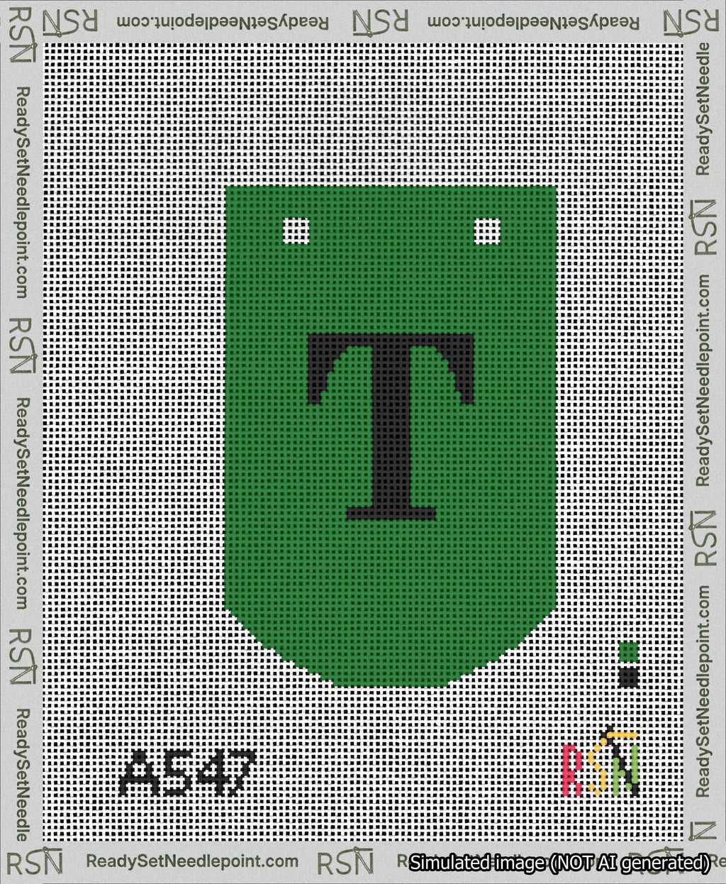 A taped needlepoint canvas with the design: Banner 13 mesh count Curved T Black on Green.
