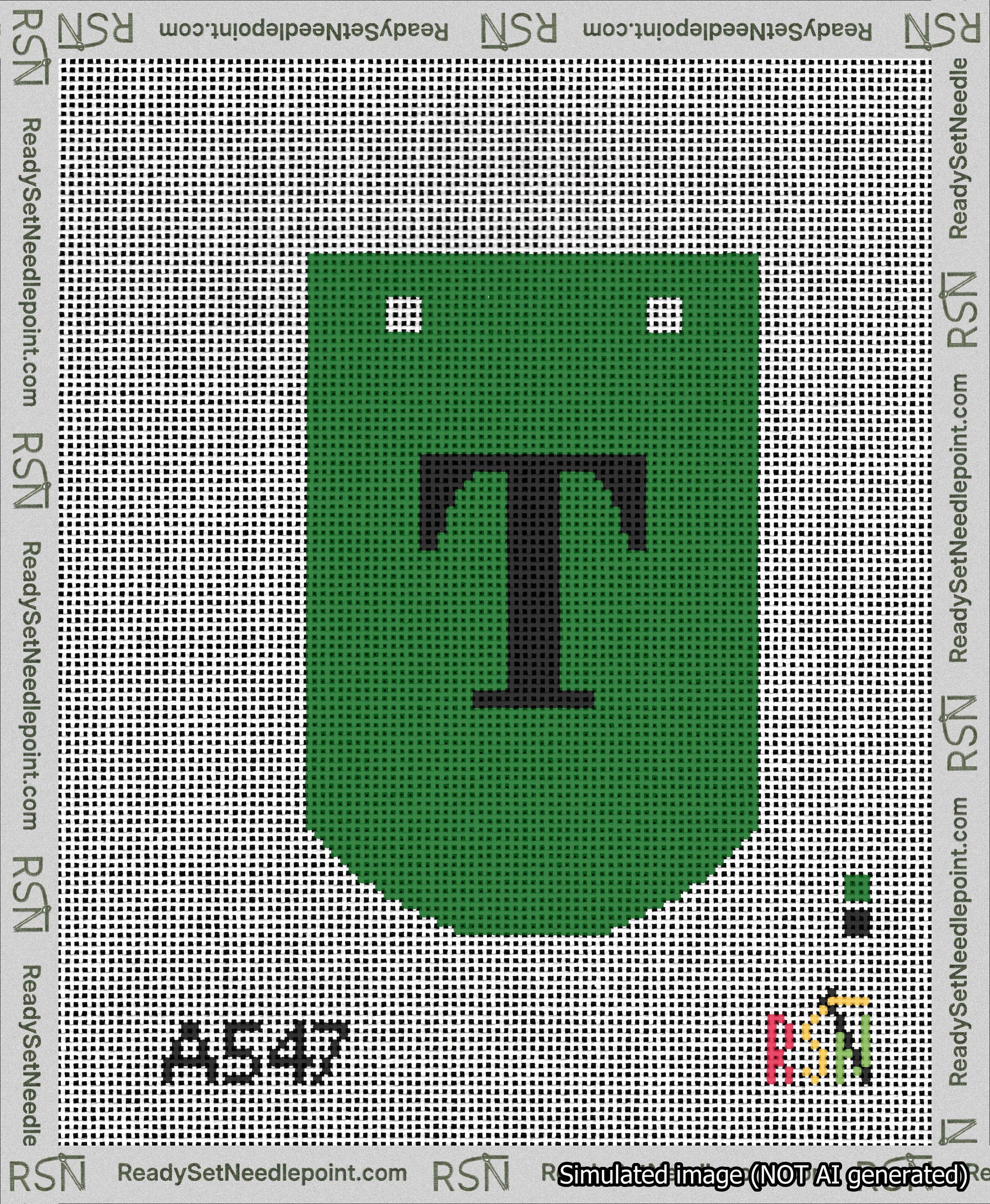 A taped needlepoint canvas with the design: Banner 13 mesh count Curved T Black on Green.
