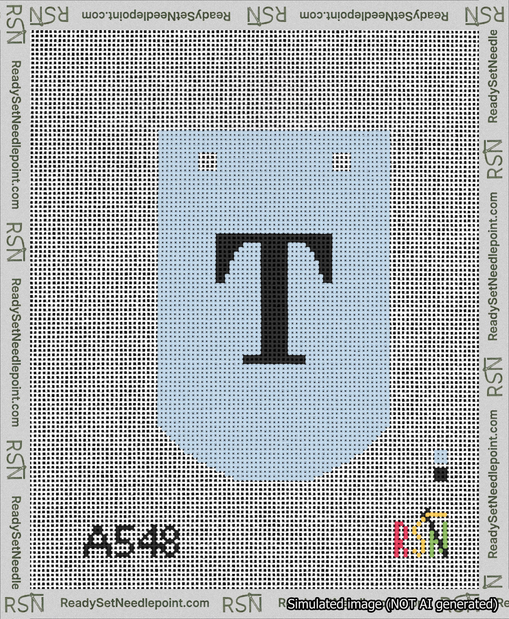A taped needlepoint canvas with the design: Banner 13 mesh count Curved T Black on Light Blue.