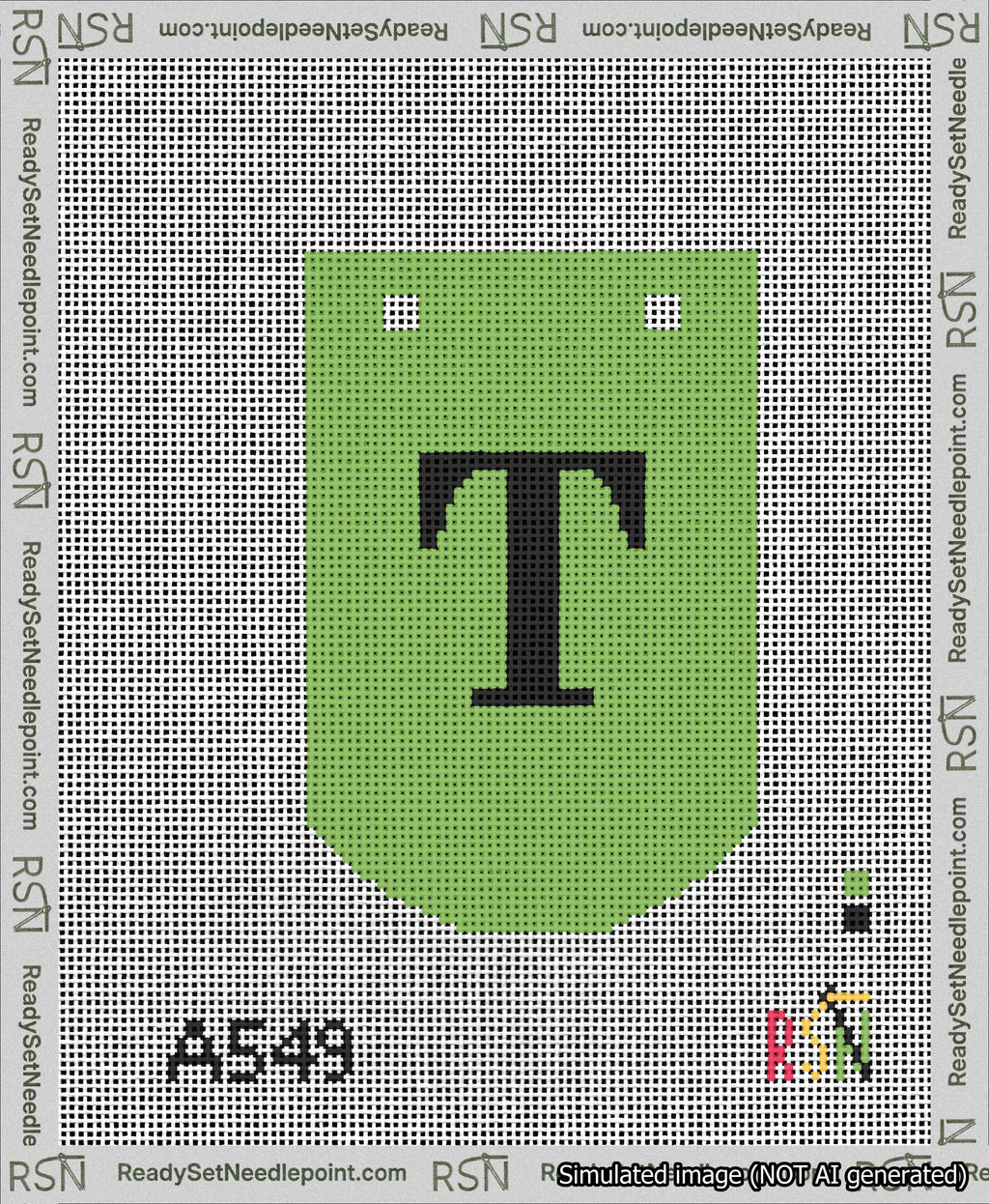 A taped needlepoint canvas with the design: Banner 13 mesh count Curved T Black on Light Green.