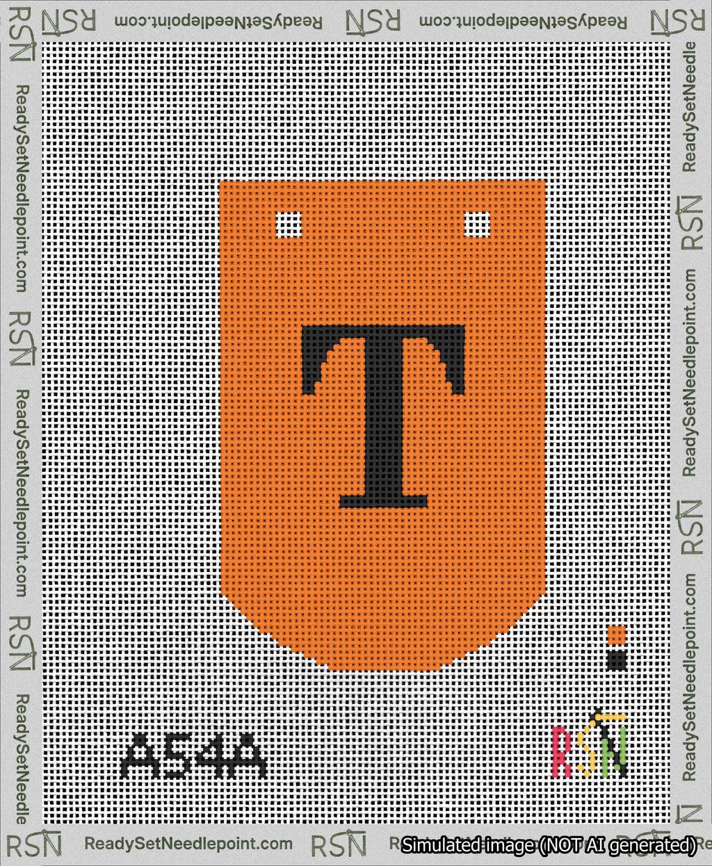 A taped needlepoint canvas with the design: Banner 13 mesh count Curved T Black on Orange.