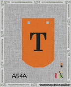 A taped needlepoint canvas with the design: Banner 13 mesh count Curved T Black on Orange.
