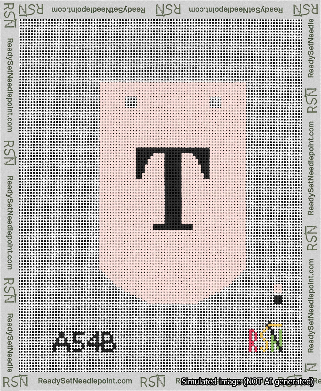 A taped needlepoint canvas with the design: Banner 13 mesh count Curved T Black on Pink.