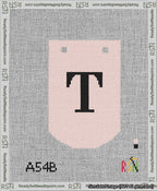 A taped needlepoint canvas with the design: Banner 13 mesh count Curved T Black on Pink.