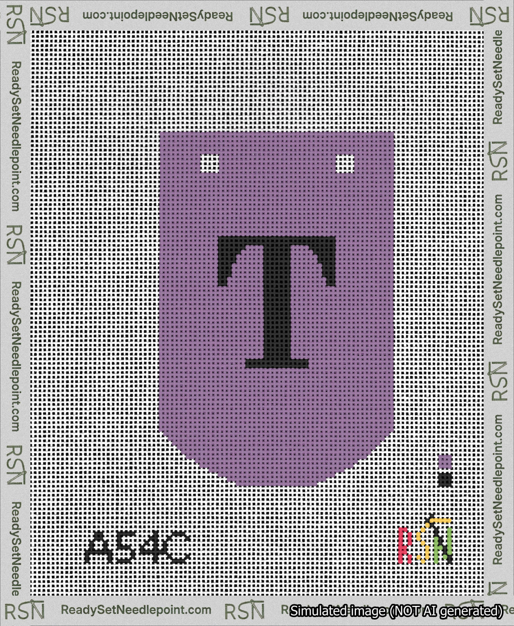 A taped needlepoint canvas with the design: Banner 13 mesh count Curved T Black on Purple.