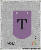 A taped needlepoint canvas with the design: Banner 13 mesh count Curved T Black on Purple.