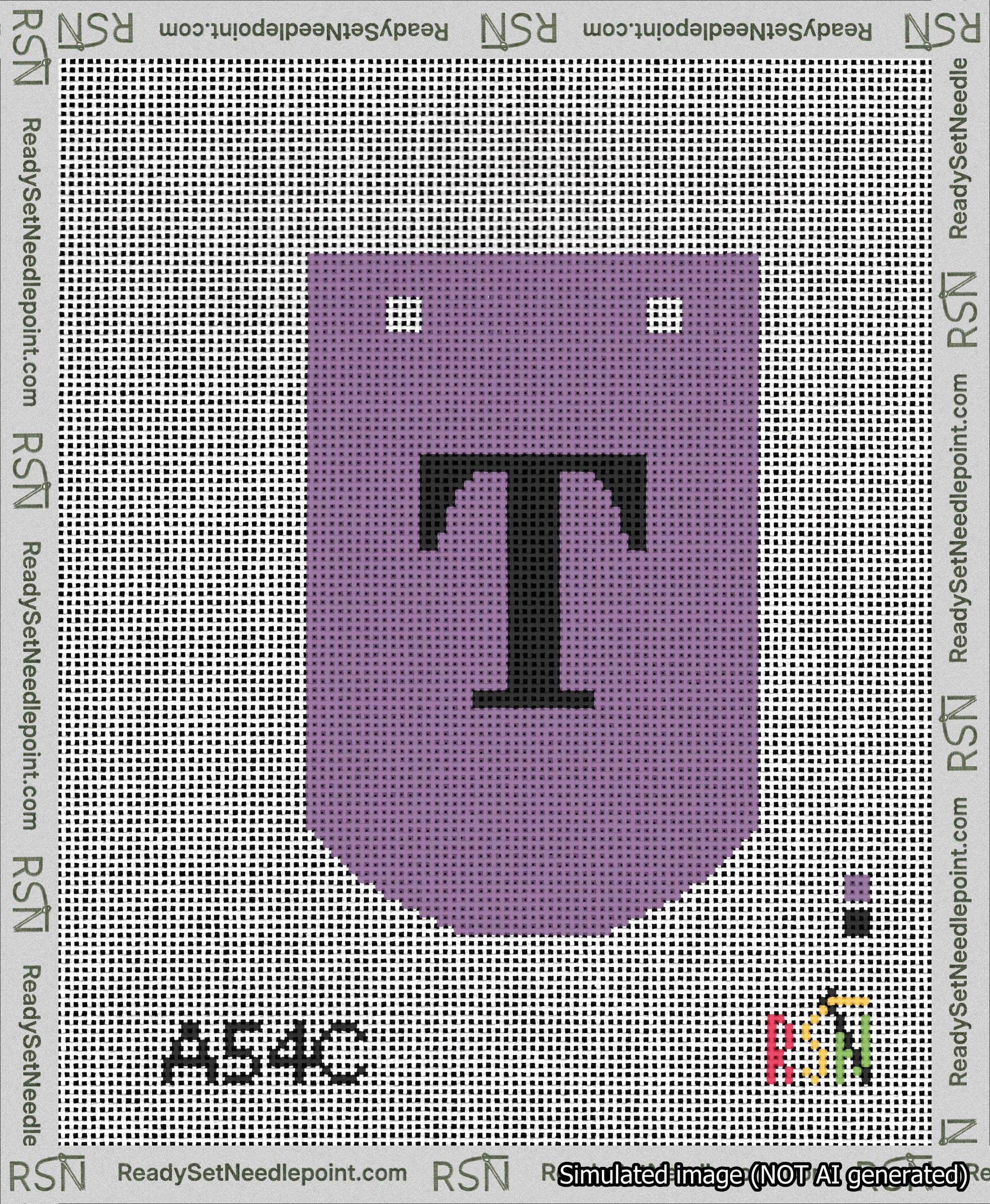 A taped needlepoint canvas with the design: Banner 13 mesh count Curved T Black on Purple.