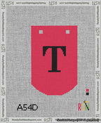 A taped needlepoint canvas with the design: Banner 13 mesh count Curved T Black on Red.