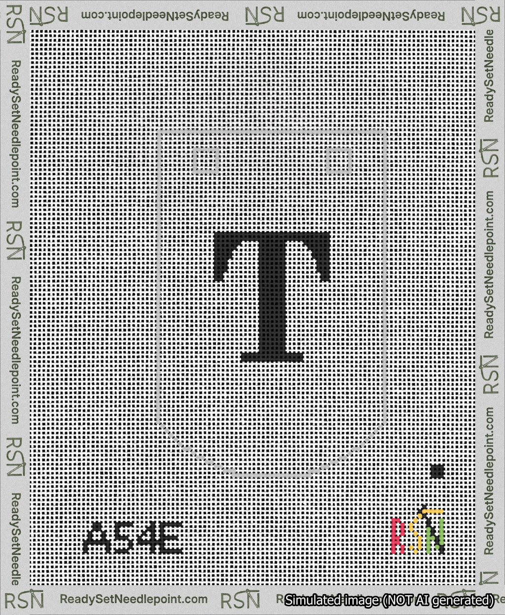 A taped needlepoint canvas with the design: Banner 13 mesh count Curved T Black on White.