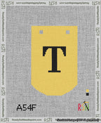 A taped needlepoint canvas with the design: Banner 13 mesh count Curved T Black on Yellow.