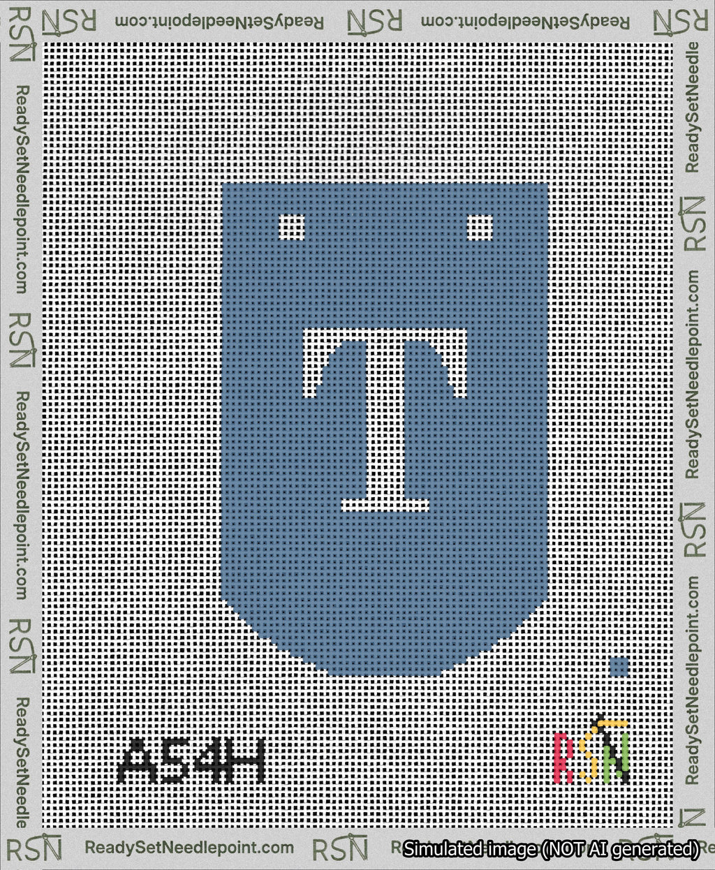 A taped needlepoint canvas with the design: Banner 13 mesh count Curved T White on Blue.