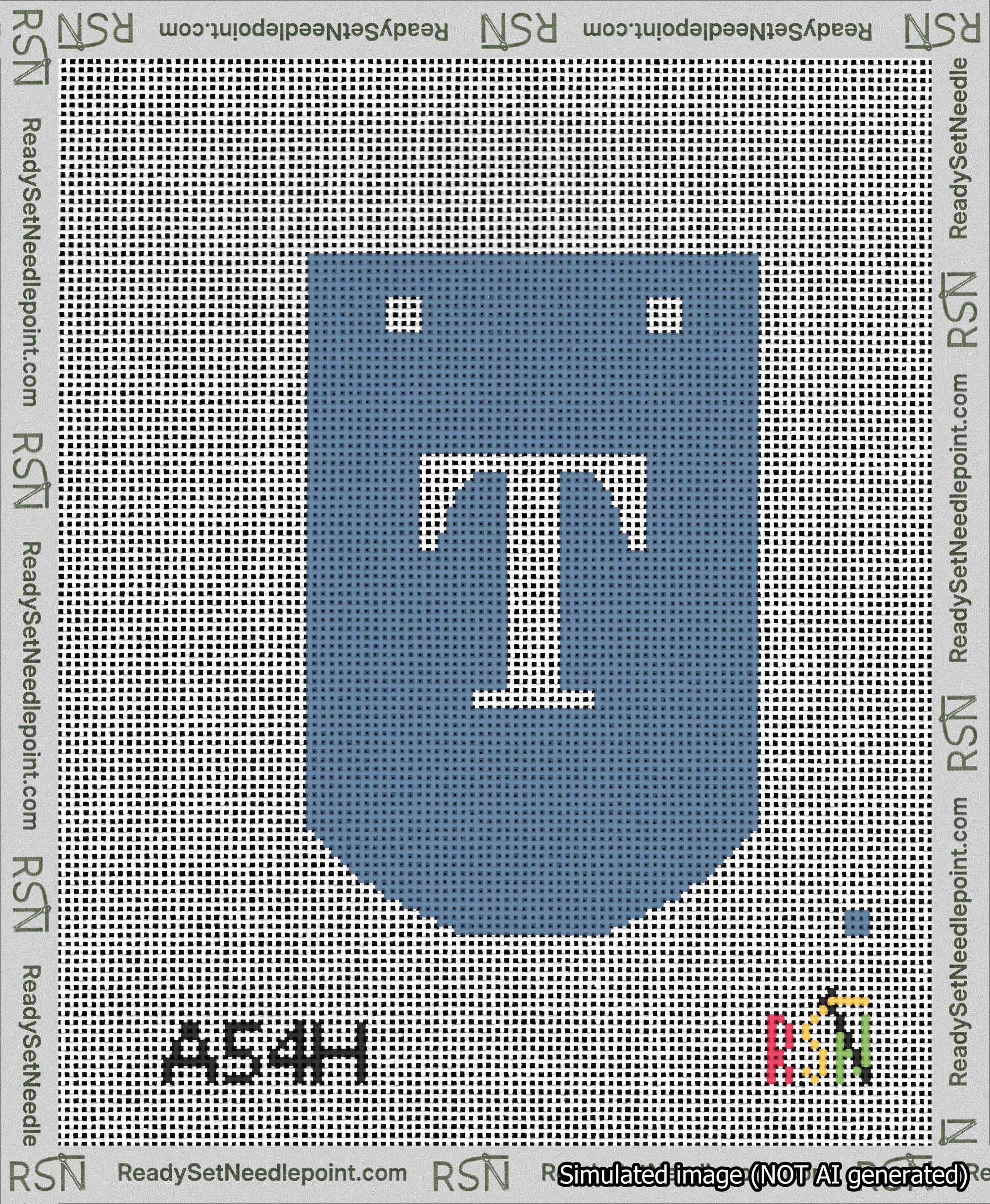 A taped needlepoint canvas with the design: Banner 13 mesh count Curved T White on Blue.
