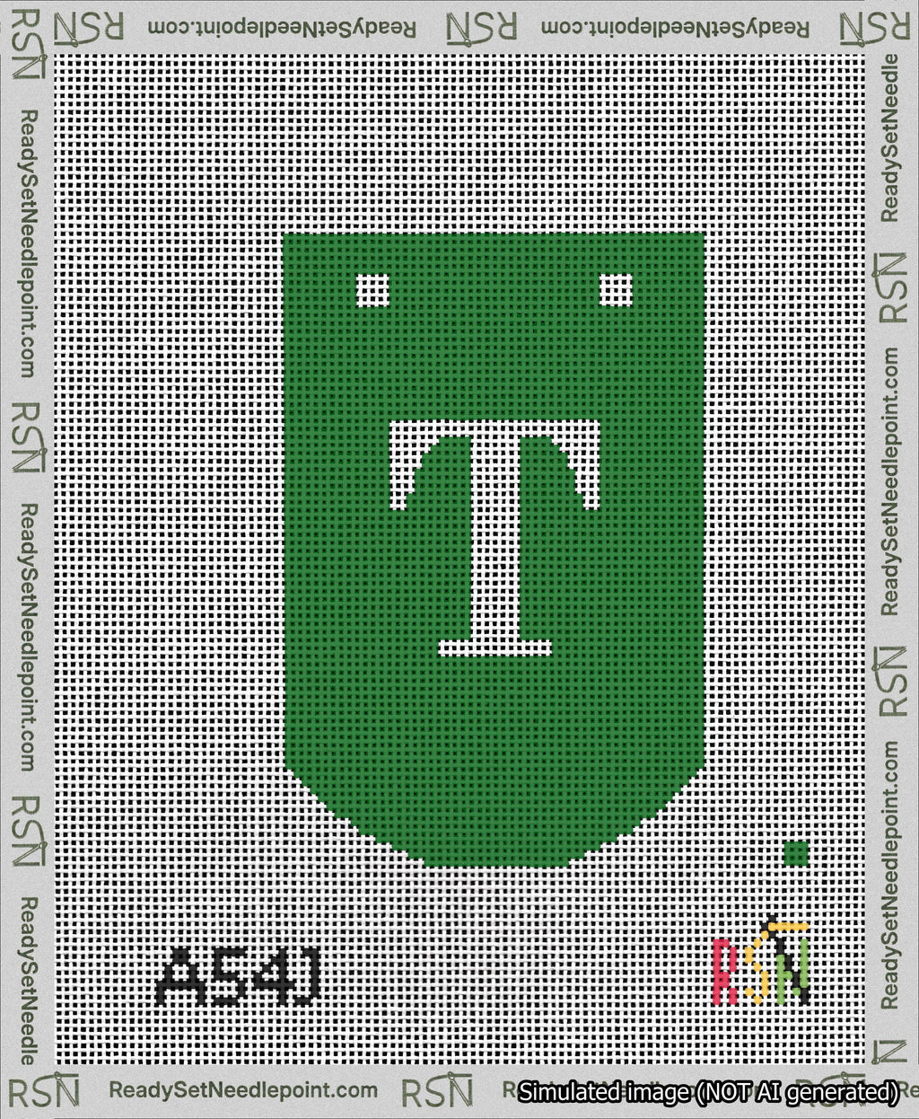 A taped needlepoint canvas with the design: Banner 13 mesh count Curved T White on Green.