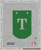 A taped needlepoint canvas with the design: Banner 13 mesh count Curved T White on Green.