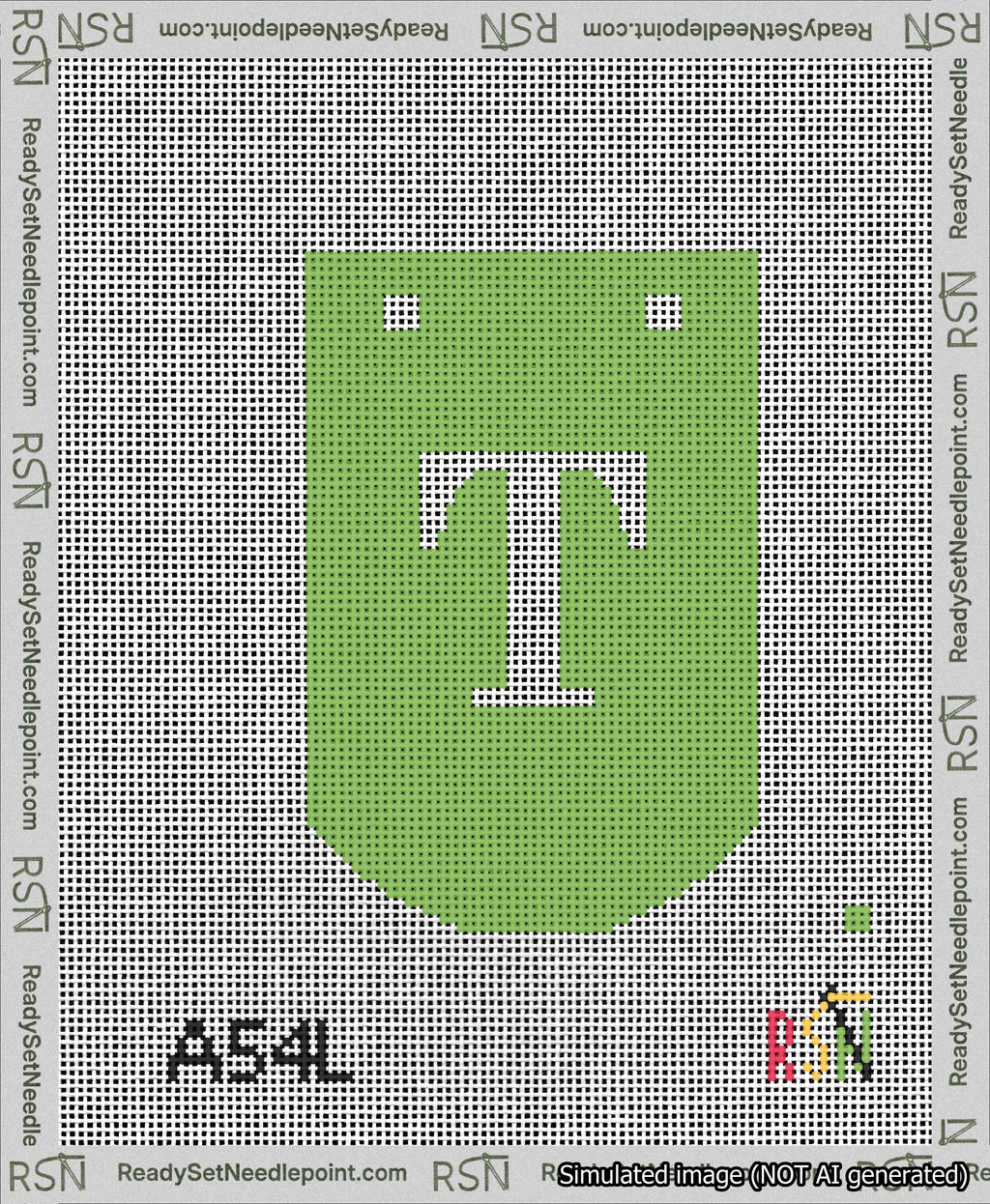 A taped needlepoint canvas with the design: Banner 13 mesh count Curved T White on Light Green.