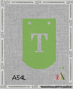 A taped needlepoint canvas with the design: Banner 13 mesh count Curved T White on Light Green.