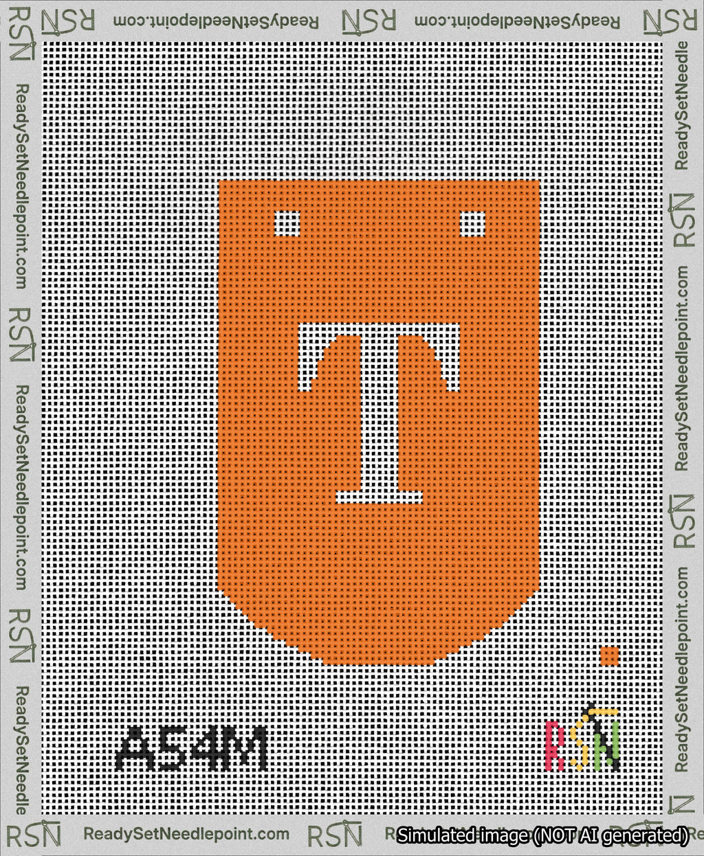 A taped needlepoint canvas with the design: Banner 13 mesh count Curved T White on Orange.