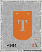 A taped needlepoint canvas with the design: Banner 13 mesh count Curved T White on Orange.