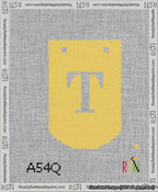 A taped needlepoint canvas with the design: Banner 13 mesh count Curved T White on Yellow.