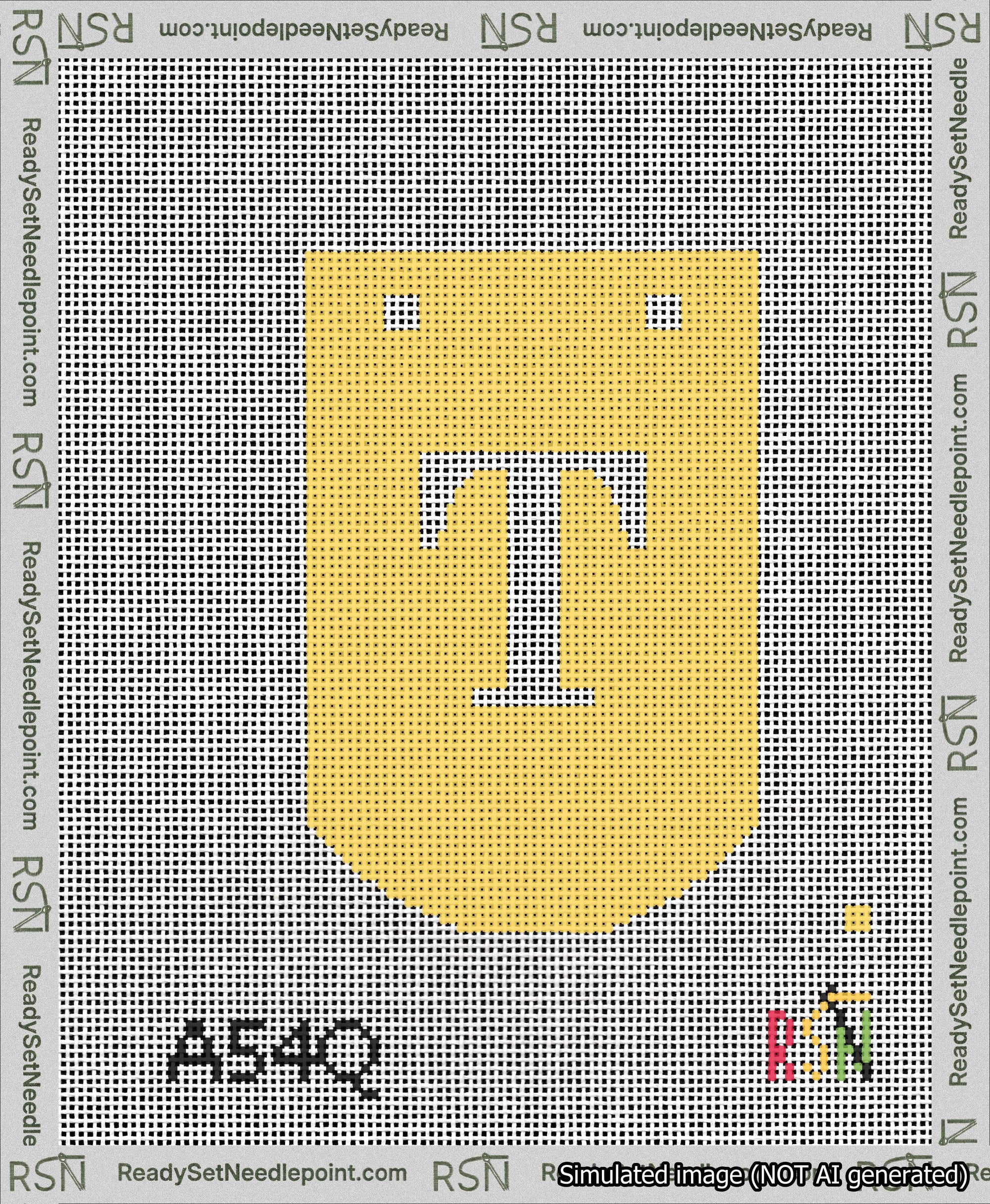 A taped needlepoint canvas with the design: Banner 13 mesh count Curved T White on Yellow.