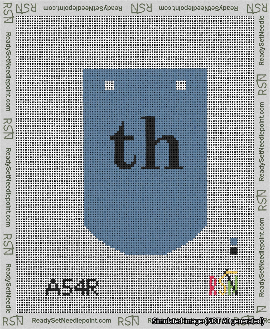 A taped needlepoint canvas with the design: Banner 13 mesh count Curved th Black on Blue.