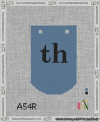 A taped needlepoint canvas with the design: Banner 13 mesh count Curved th Black on Blue.