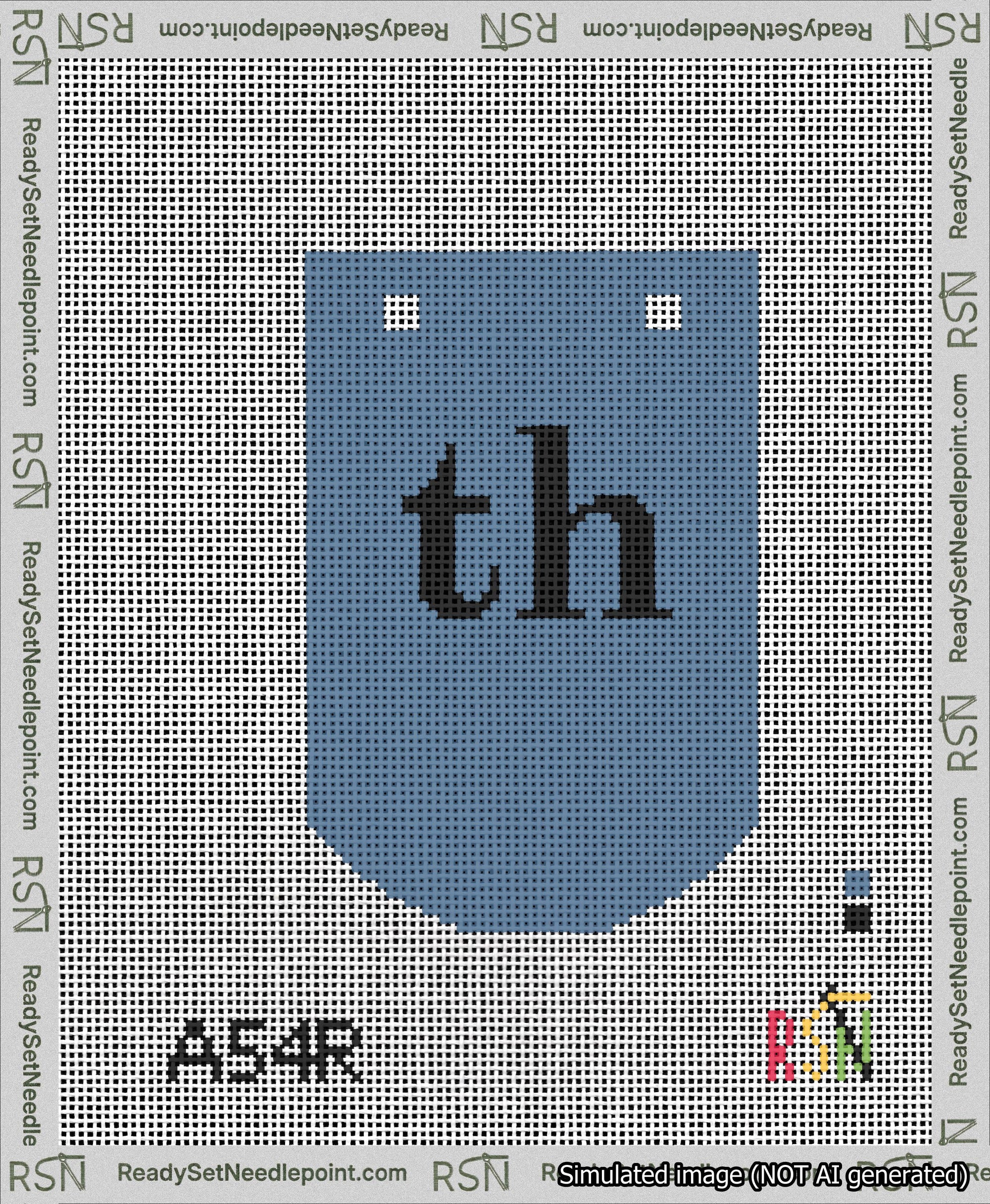 A taped needlepoint canvas with the design: Banner 13 mesh count Curved th Black on Blue.